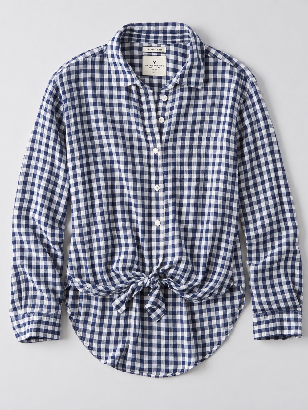 American Eagle Outfitters Navy & White Gingham tie front Button-Down Shirt